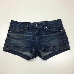GUESS 5 Pocket Logo Hardware Medium/Dark Wash Slit Hem Denim Short Shorts
